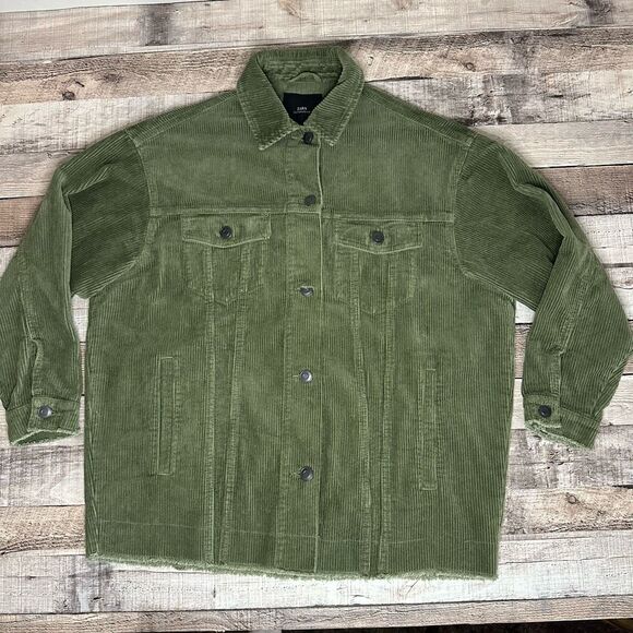Zara Outerwear Green Corduroy Oversized Frayed Button Up Casual Jacket | XS - Picture 1 of 9